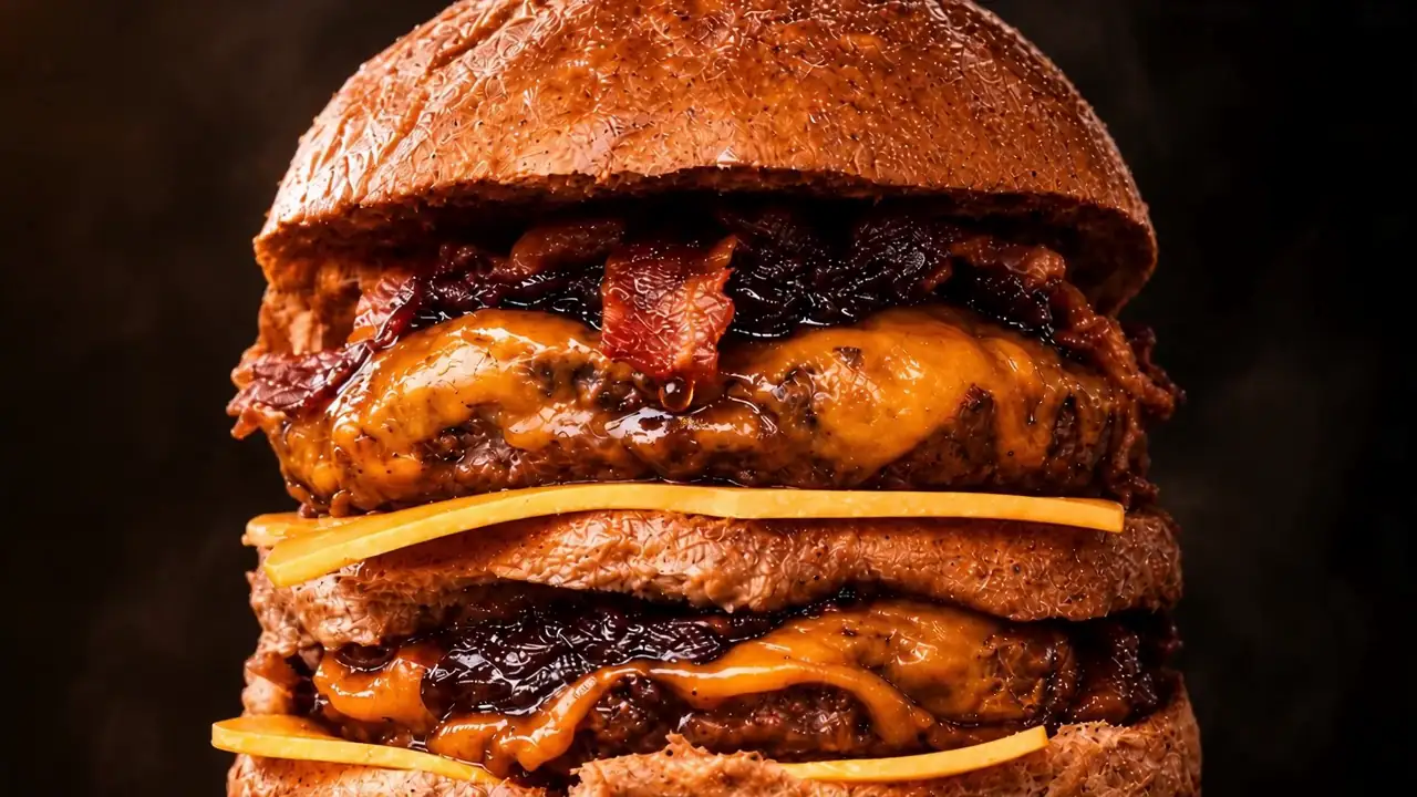 Hambúrguer duplo montado: pão, carne, cheddar, bacon e pão por cima