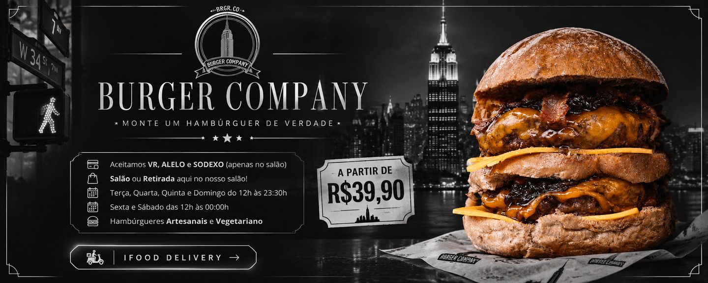 Arte da Burger Company: hambúrguer duplo com cheddar e bacon diante do Empire State à noite, com o selo A partir de R$ 39,90